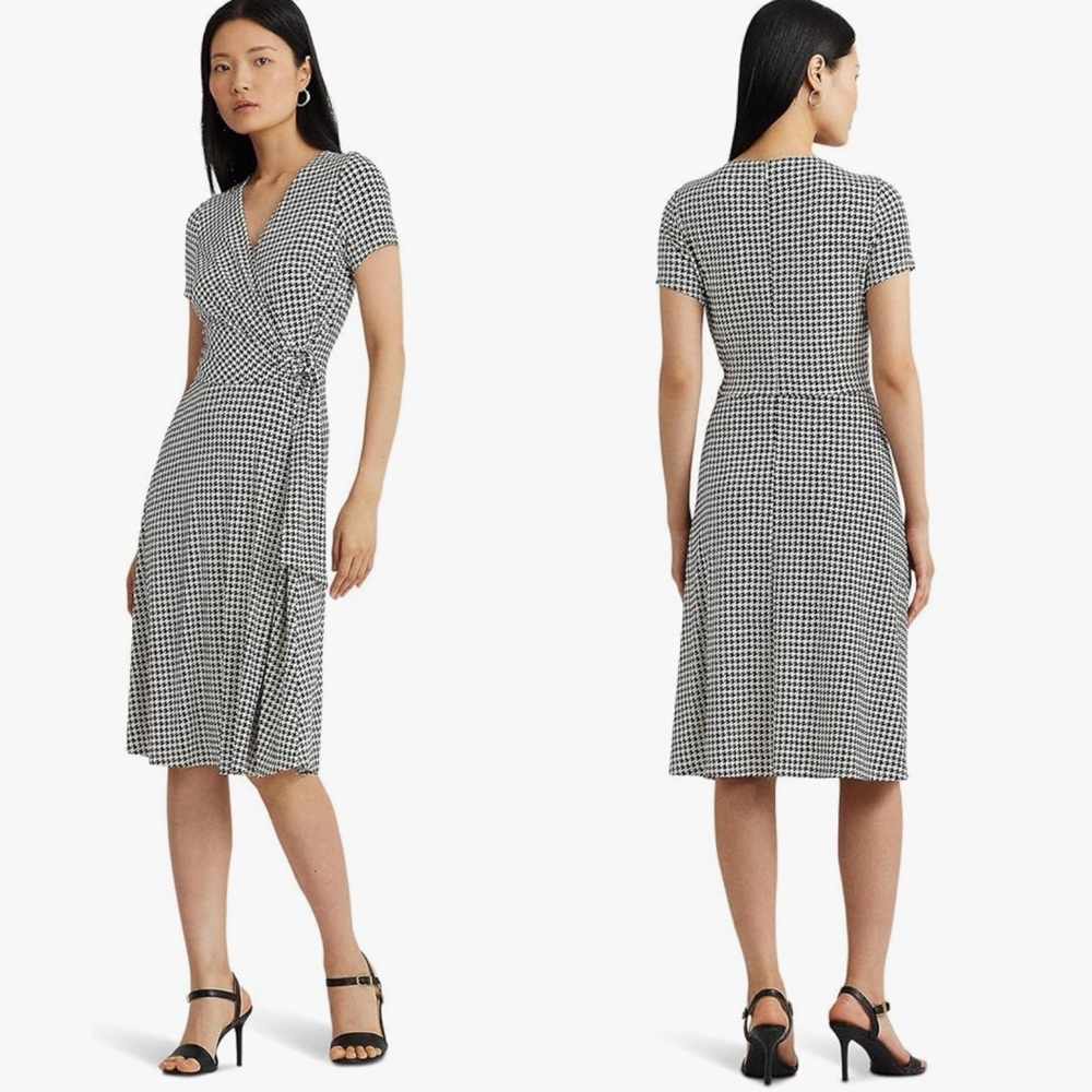 Lauren Ralph Lauren Women's 8 Houndstooth Jersey‎ Surplice Dress Black Cream NEW